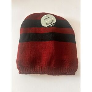 Amity Cold Guard Burgundy Black Striped Thermal Knit Hat Beanie‎ Faux Fur Lined